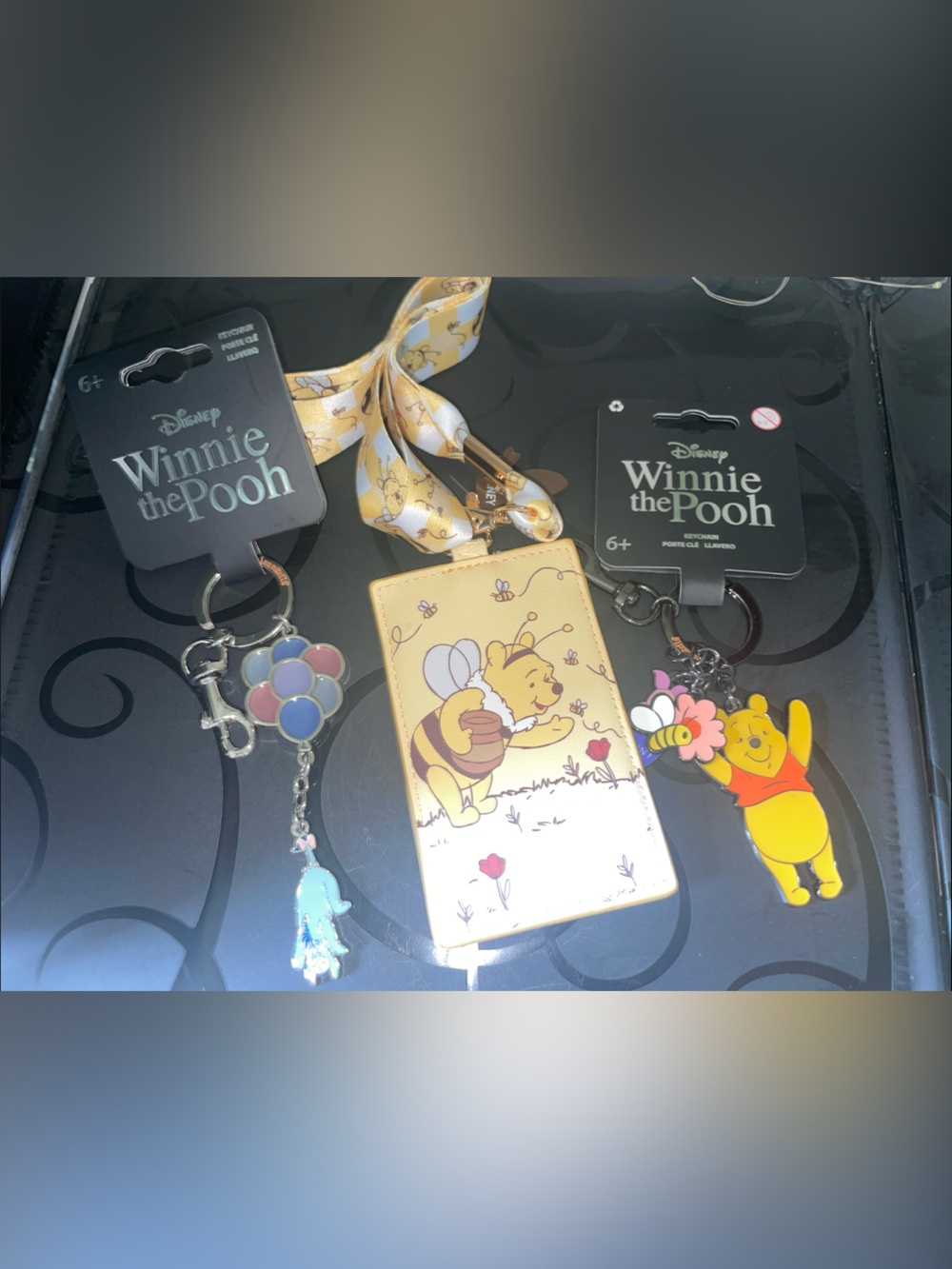 Disney Winnie the Pooh Yellow Lanyard Cardholder with Character Charms keychains